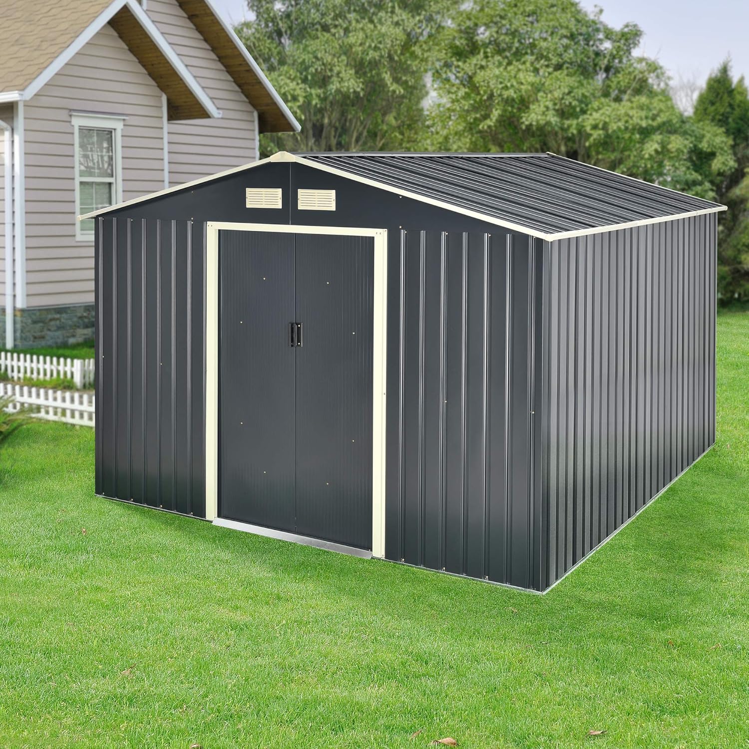 Abri de Jardin 15 m³ Robuste Cabane de Stockage Extérieur Cabane à Outils Toit à Pignon Tôles en Acier Galvanisées Gris Foncé