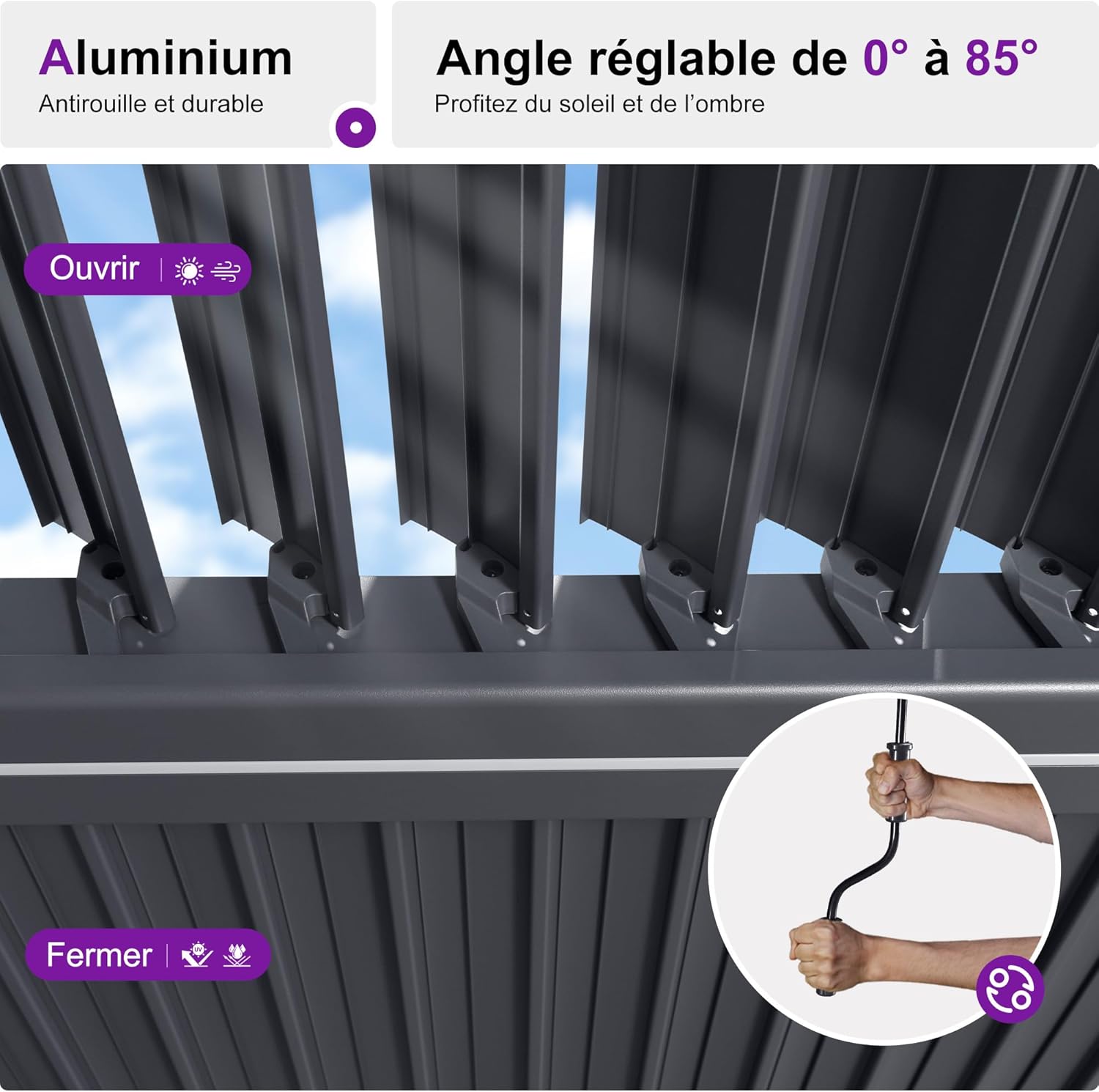 jardinito - Pergola bioclimatique - 4x6m - alu lames LED gris
