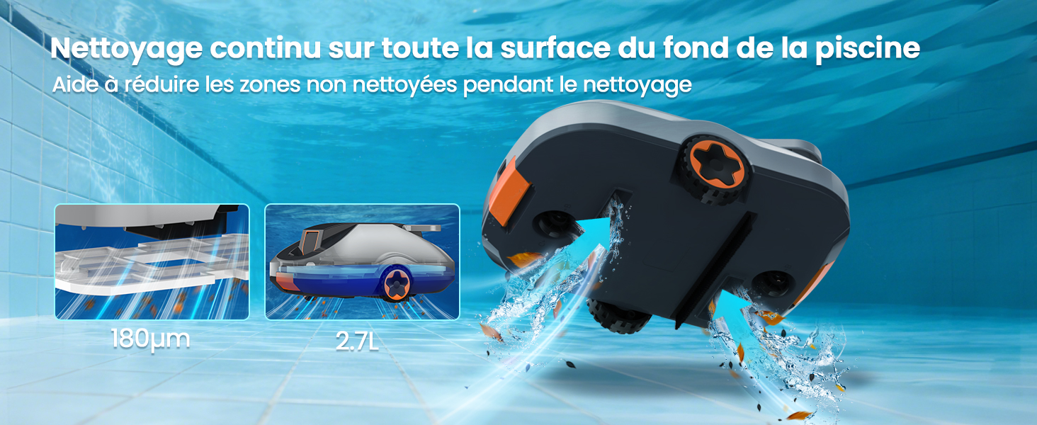Le texte indique « Nettoyage continu sur toute la surface du fond de la piscine ». Aspirateur de piscine se déplaçant sous l'eau sur le fond de la piscine, illustré dans plusieurs plans d'action.