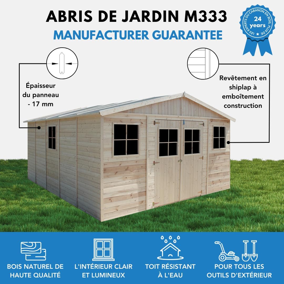Abri de Jardin en Bois Exterieur avec Les PLANCHERS IMPRÉGNÉ- Maison de Jardin en Pin/épicéa-H246x418x522 cm/20 m²-Construction de Panneaux- Rangement pour vélos, Remise à Outils-jardinito M333 +M333G