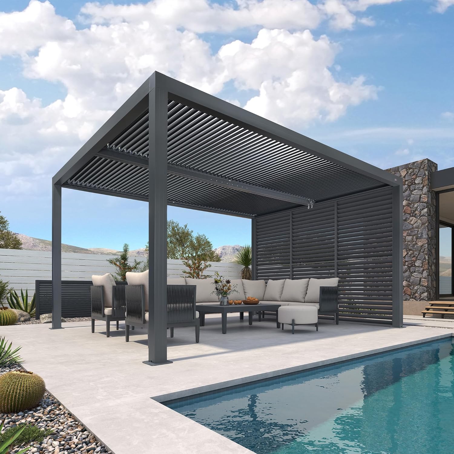 jardinito - Pergola bioclimatique 4,6x3,3 m, alu, persiennes fixes