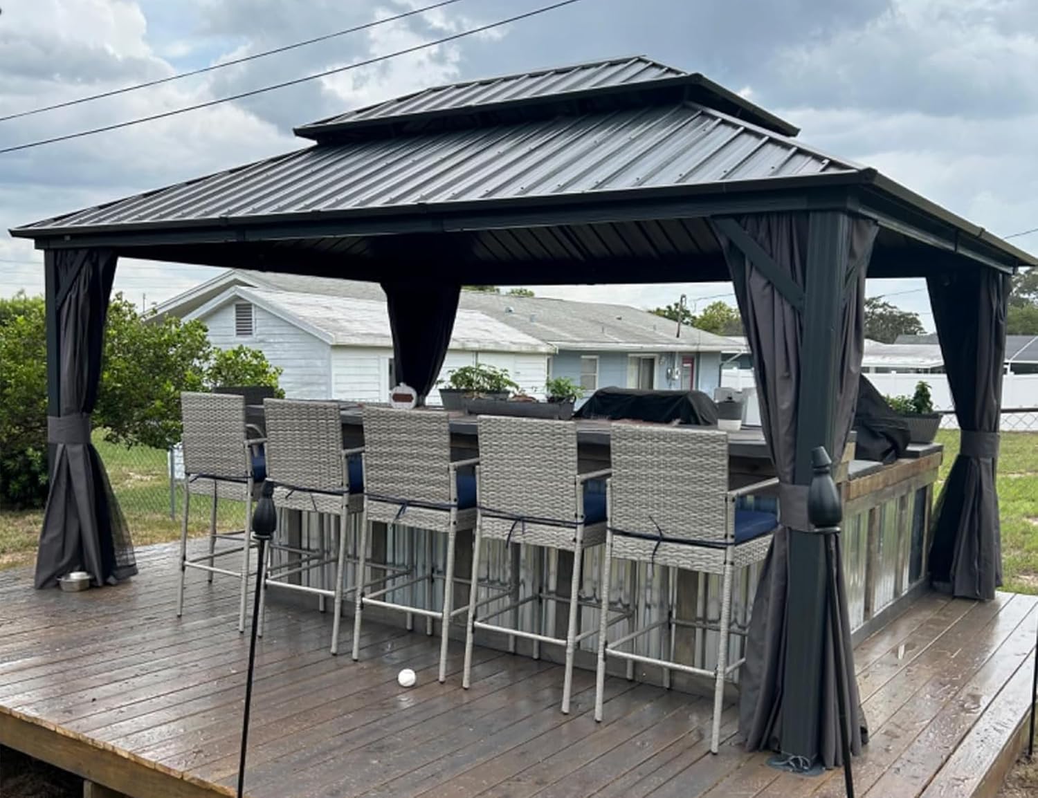 jardinito - pergola série double toit - 4,85x3,65 m - alu acier, rideaux, moustiquaire