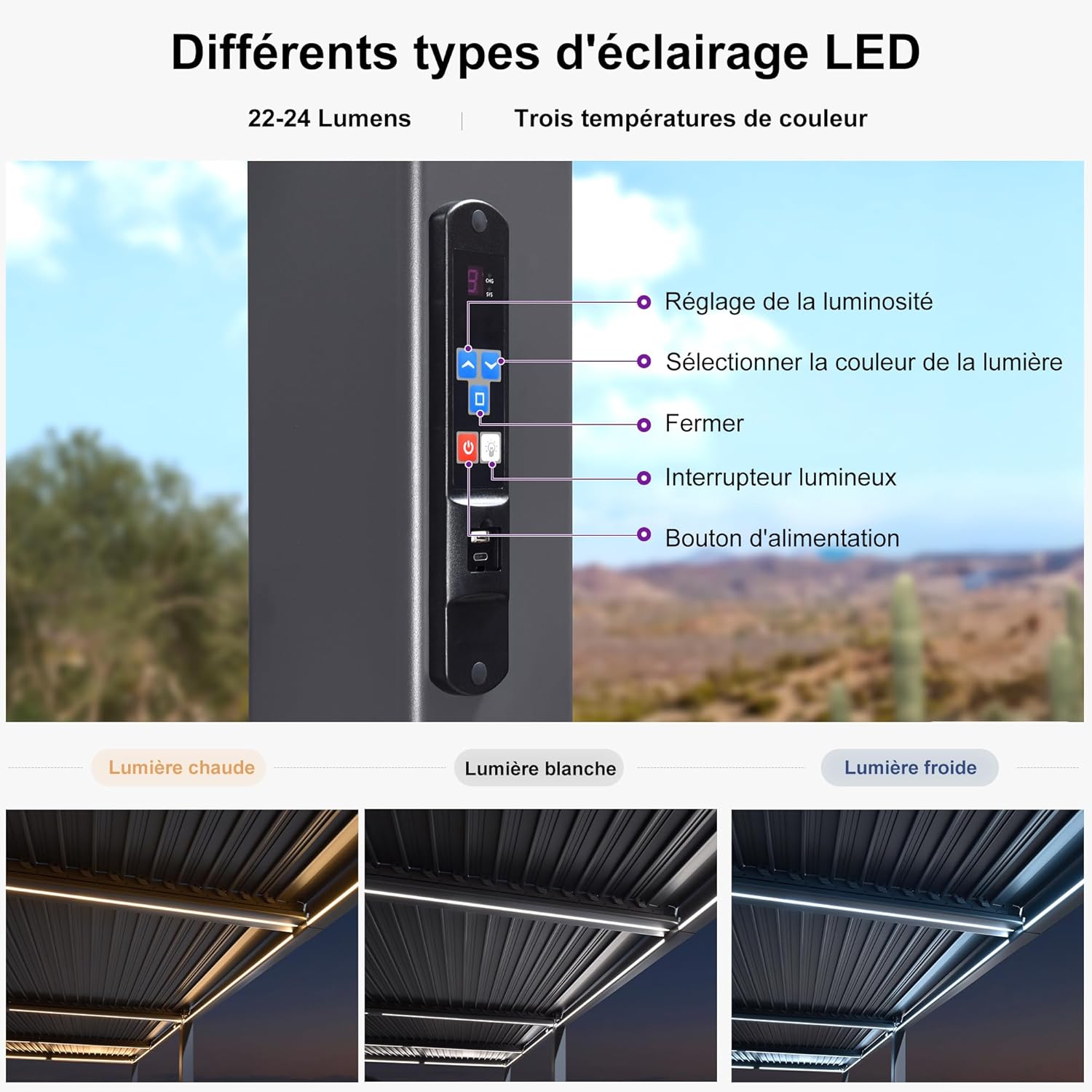 jardinito - Pergola bioclimatique - 3,5x8,5m - aluminium, lames LED, étanche