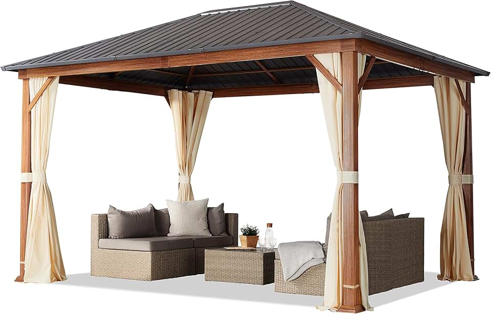 jardinito - tonnelle de jardin série aspect bois 3x4m toit acier, 4 parois, champagne