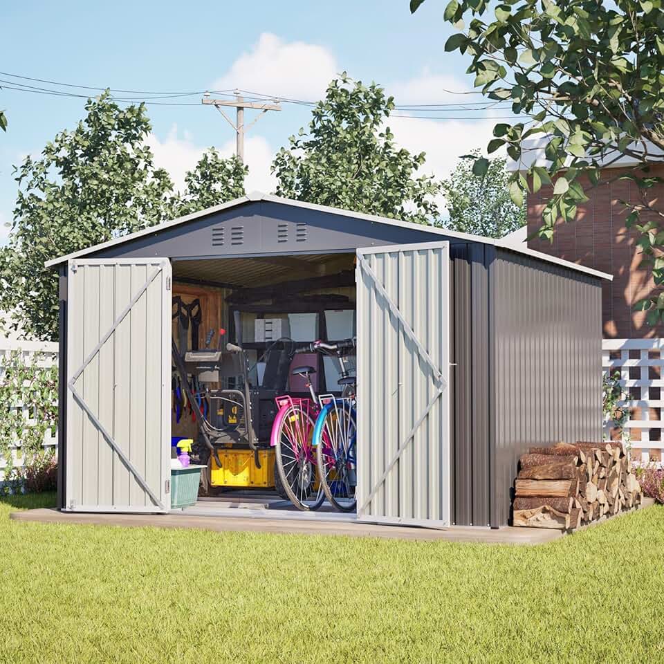 jardinito 10x8 FT Abri de Jardin Métal avec Fondations en métal, Cabane de Jardin Extérieur avec Serrure, Rangement Outils de Jardi (Gris-10x8 FT)