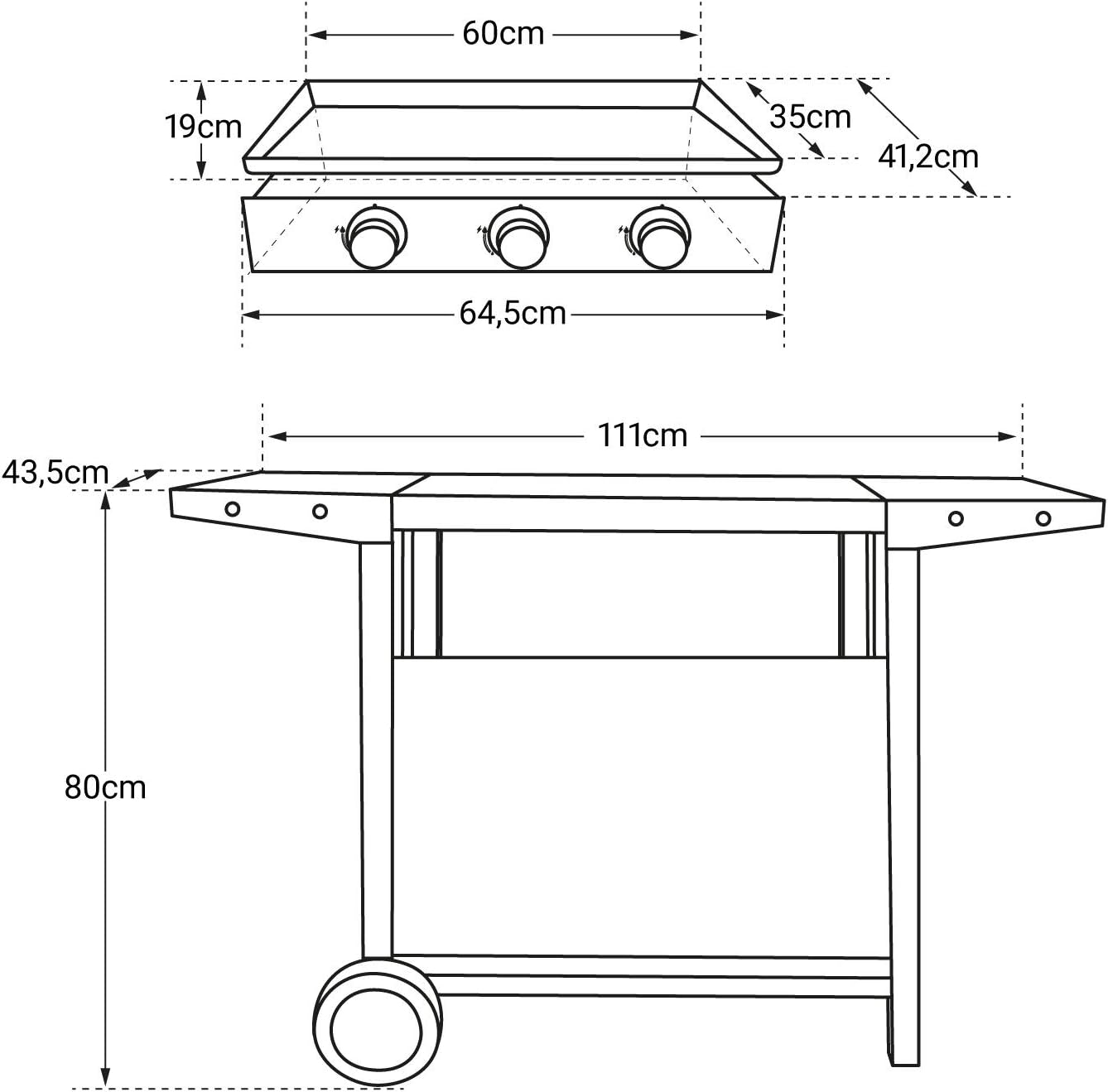 jardinito - Plancha Mérida sur chariot 3 brûleurs 6kW 74x33 cm