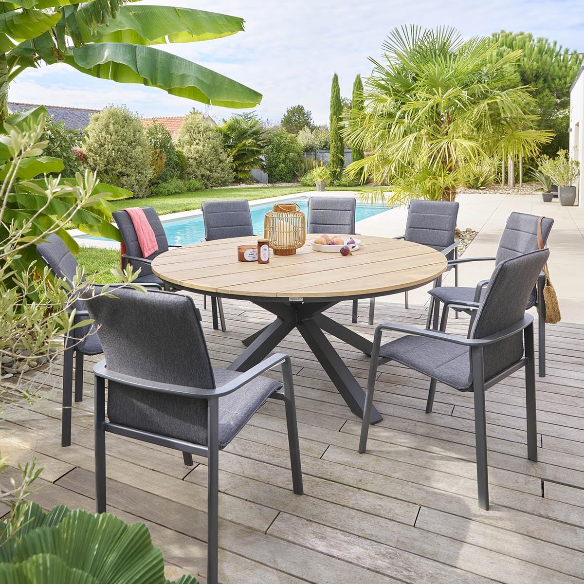 jardinito - Oriengo table ronde 8 places - aluminium acacia - Gris Graphite