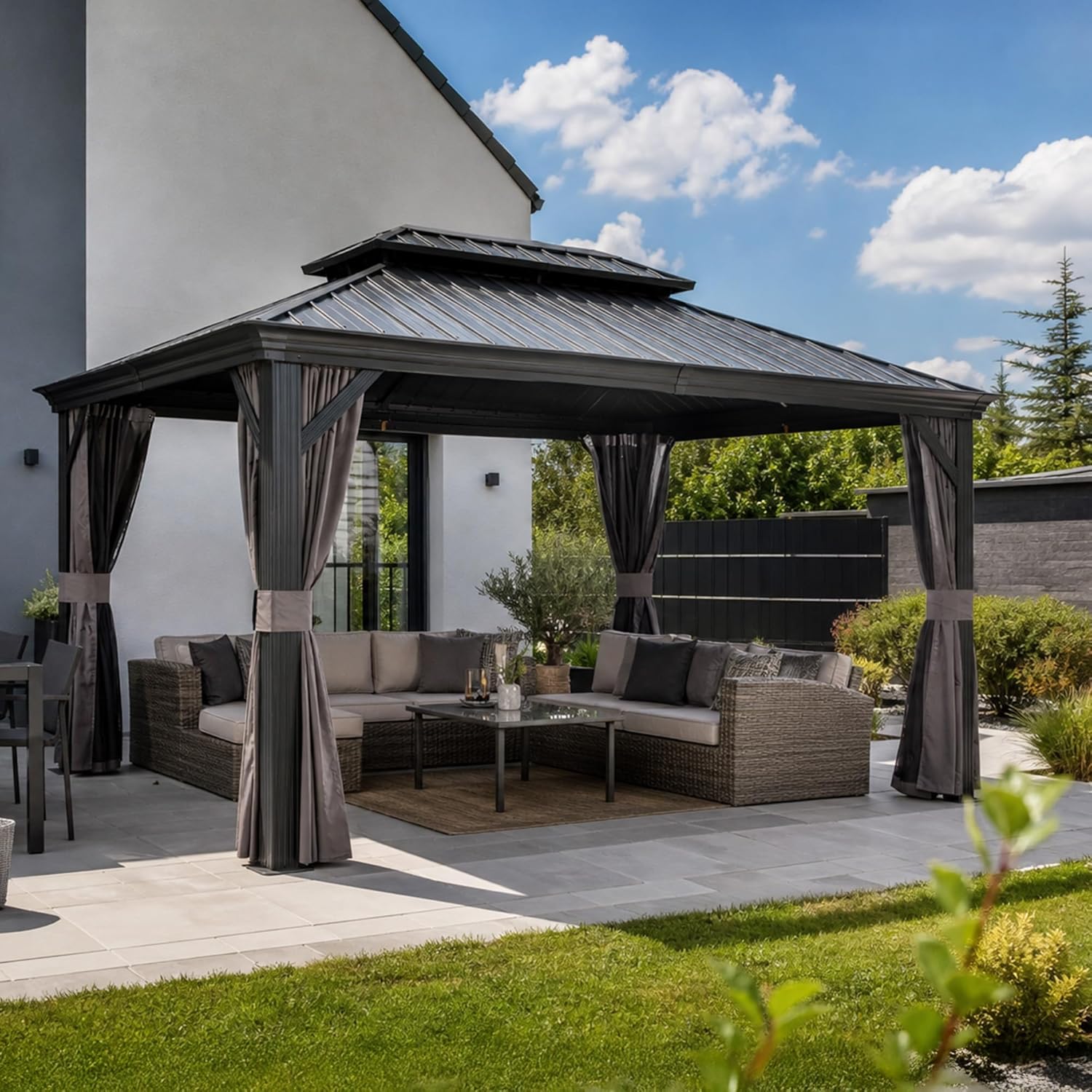 jardinito - Tonnelle Jardin 4,25x3 m - acier galvanisé, rideaux épais, gouttière