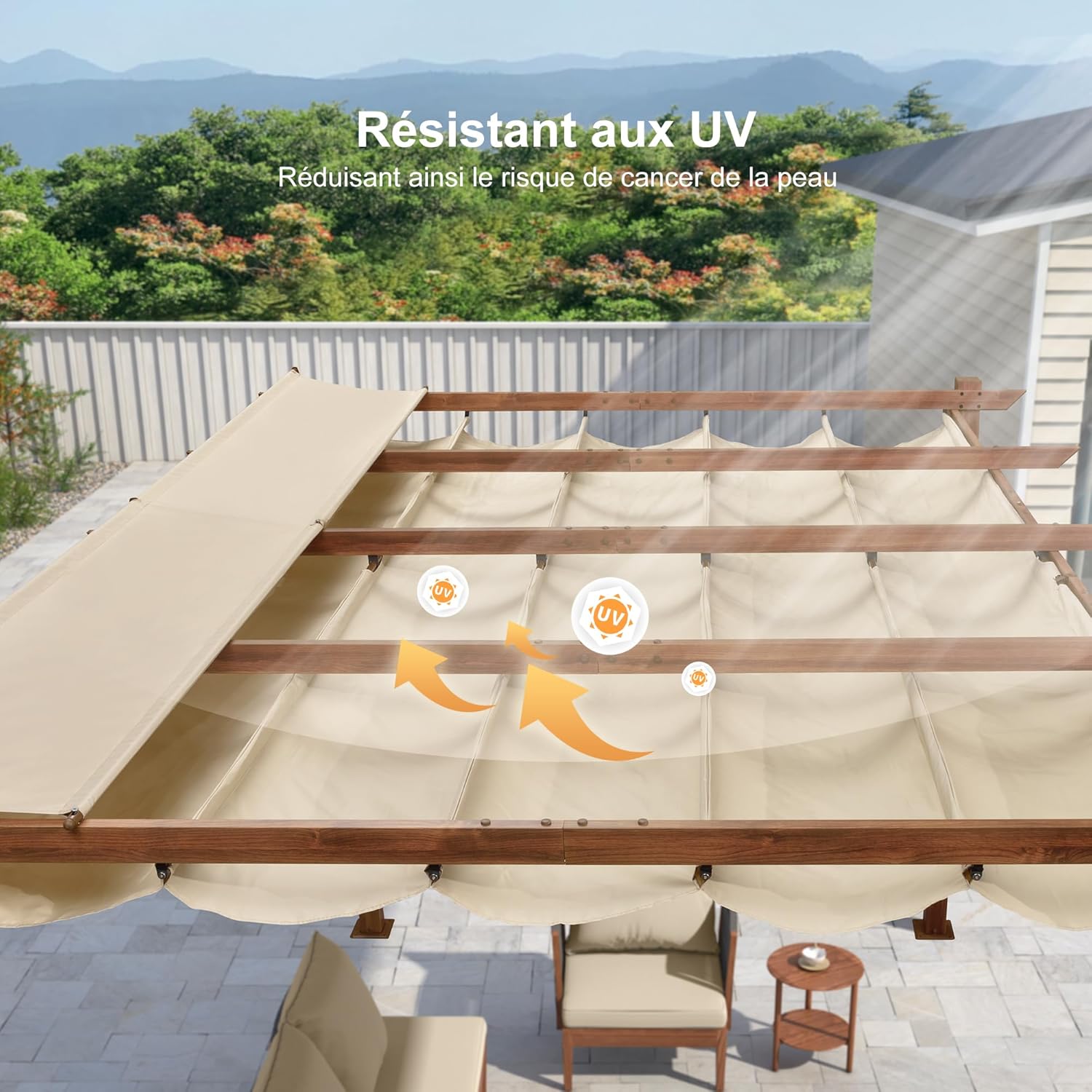 jardinito - pergola aluminium 4x3m teck, toile rétractable, kaki