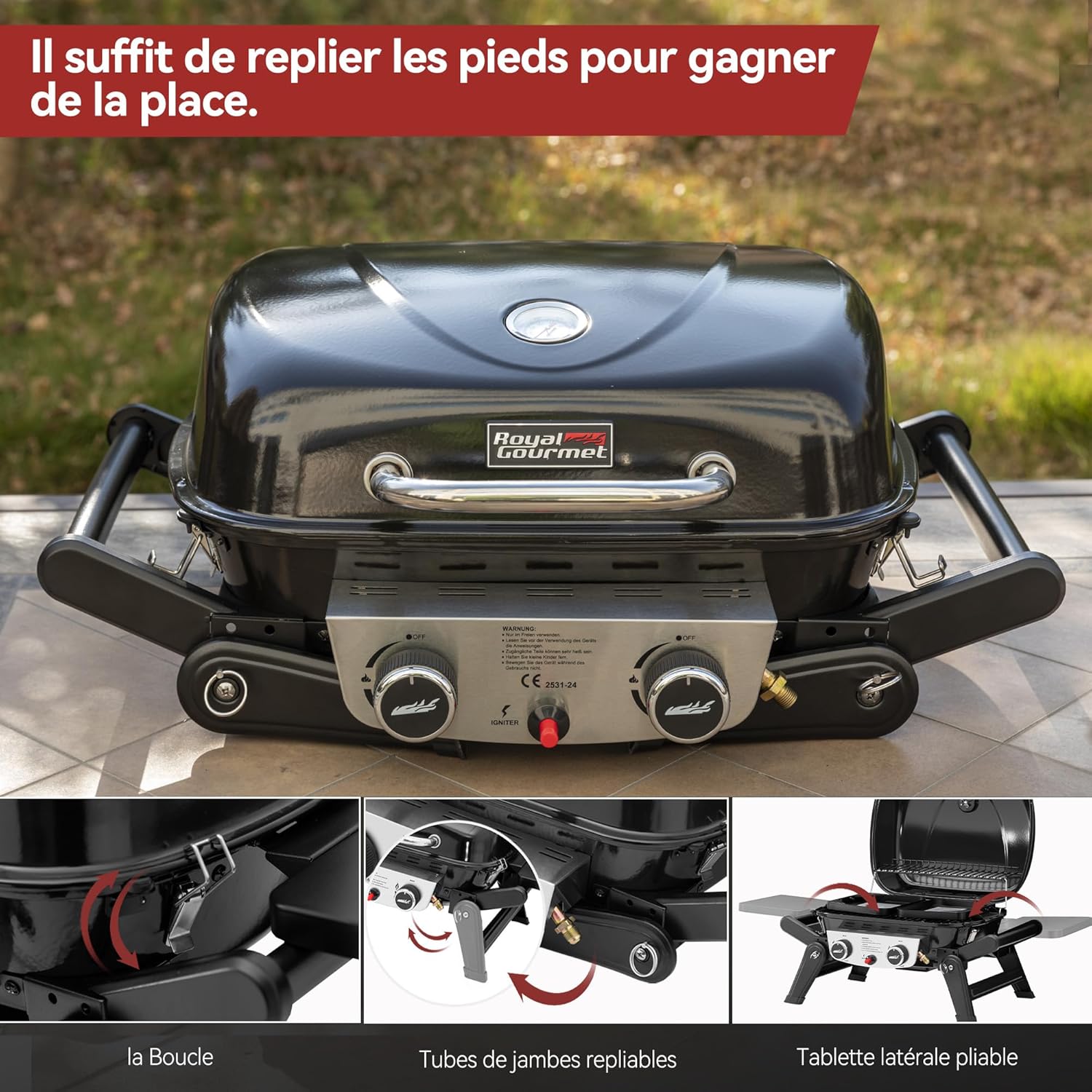 jardinito - Barbecue Gaz 2 brûleurs - 48x37 cm - tables pliables, 5kW