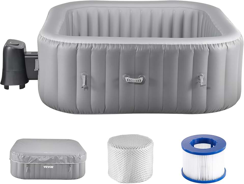 jardinito Spa Gonflable Carré Capacité 4-6 Personnes, Bains à Remous d’Extérieur Portable 185x66 cm, avec 130 Jets Apaisants, Filtre, Couverture et Tapis, en PVC, Panneau de Commande Multifonction, Gris