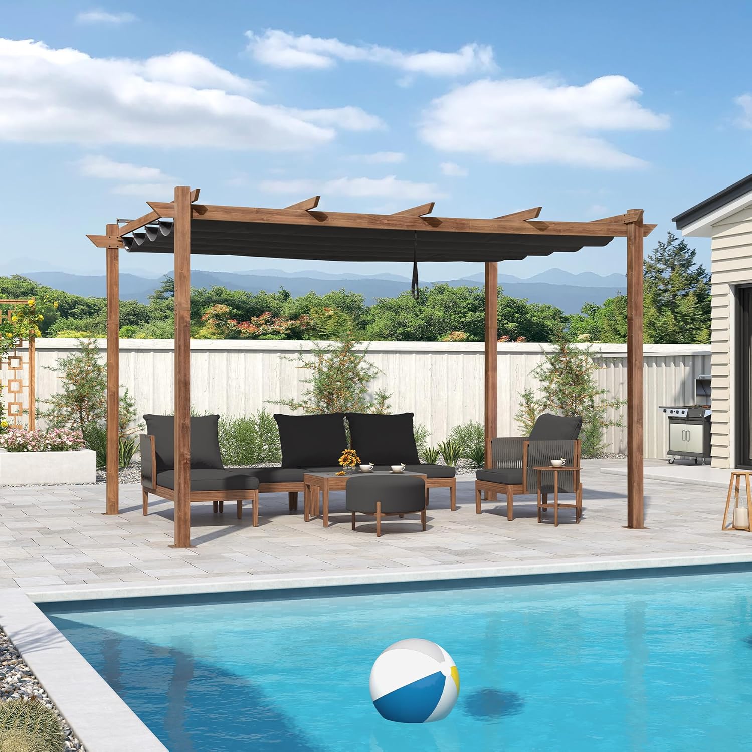 jardinito - Pergola aluminium - 4x3m - toile rétractable, teck, imperméable