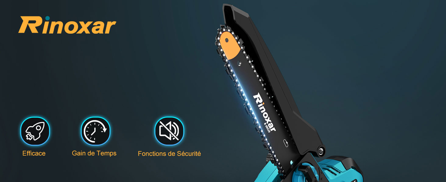 de marque jardinito au design noir et bleu, avec trois icônes de caractéristiques affichées ci-dessous indiquant les fonctions silencieuses, permettant de gagner du temps