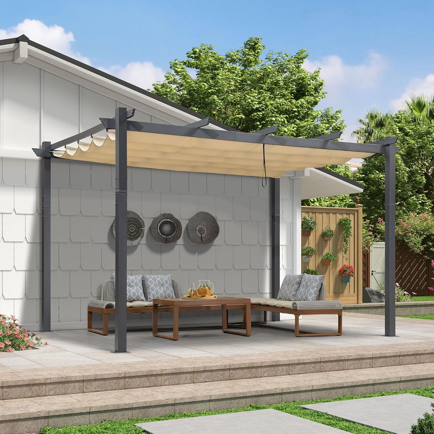 jardinito - Pergola murale - 4 x 2,7 m - toit coulissant alu, tissu kaki