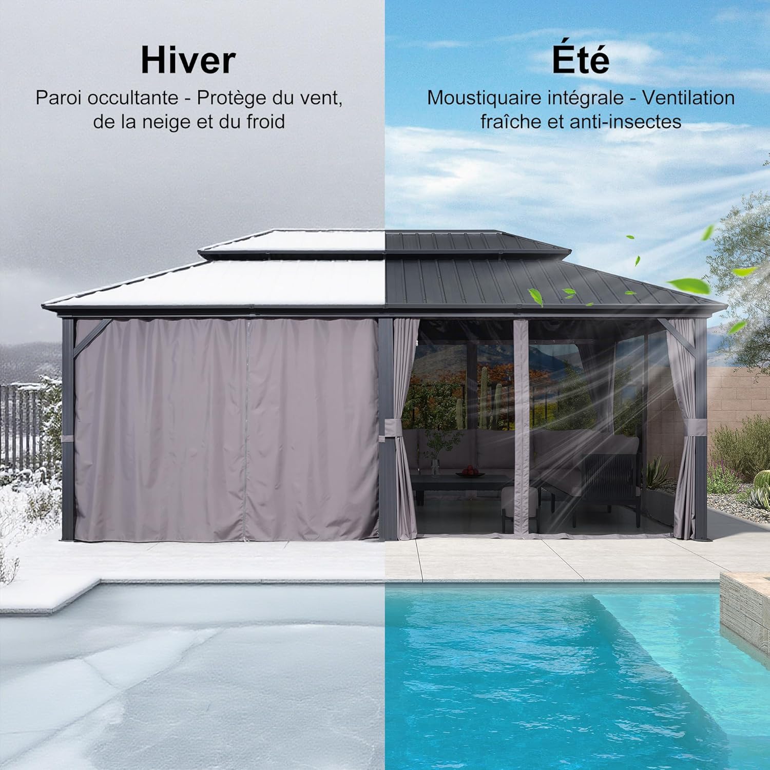 jardinito - Tonnelle double toit rigide, 6 x 3,65 m, moustiquaire, aluminium, gris