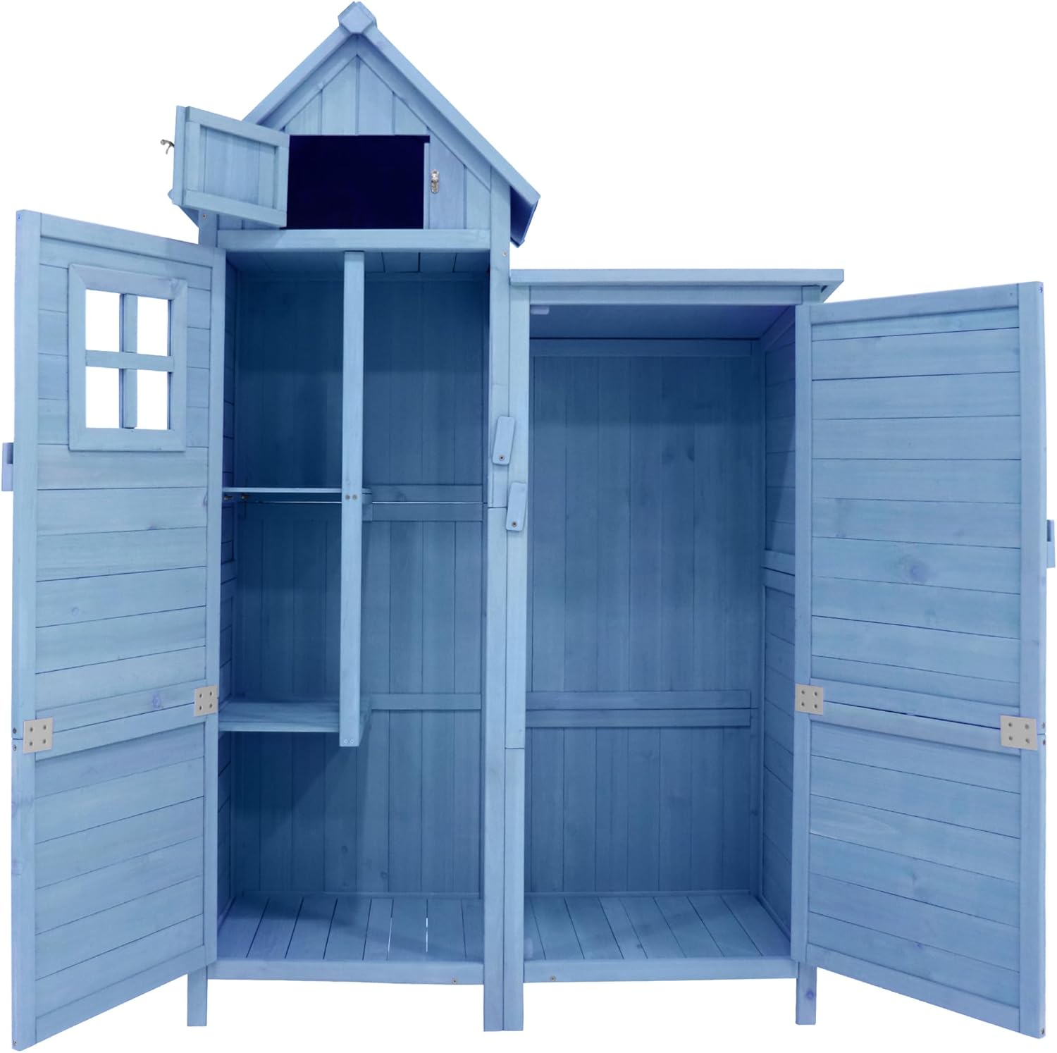 Abri de Jardin en Bois, Cabane de Jardin avec Toit en PVC incliné à loquet, Coffre de Jardin avec Fondation et 2 étagères de Rangement, Armoire Outils de Jardinage, 118x54x173cm Bleu