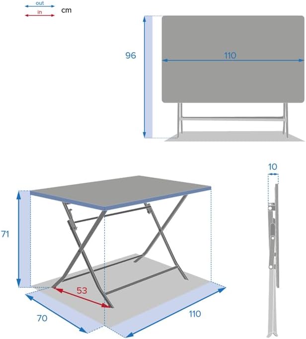 jardinito - Greensboro - 110x70 cm - Table pliante acier 4 places, traitement epoxy antirouille