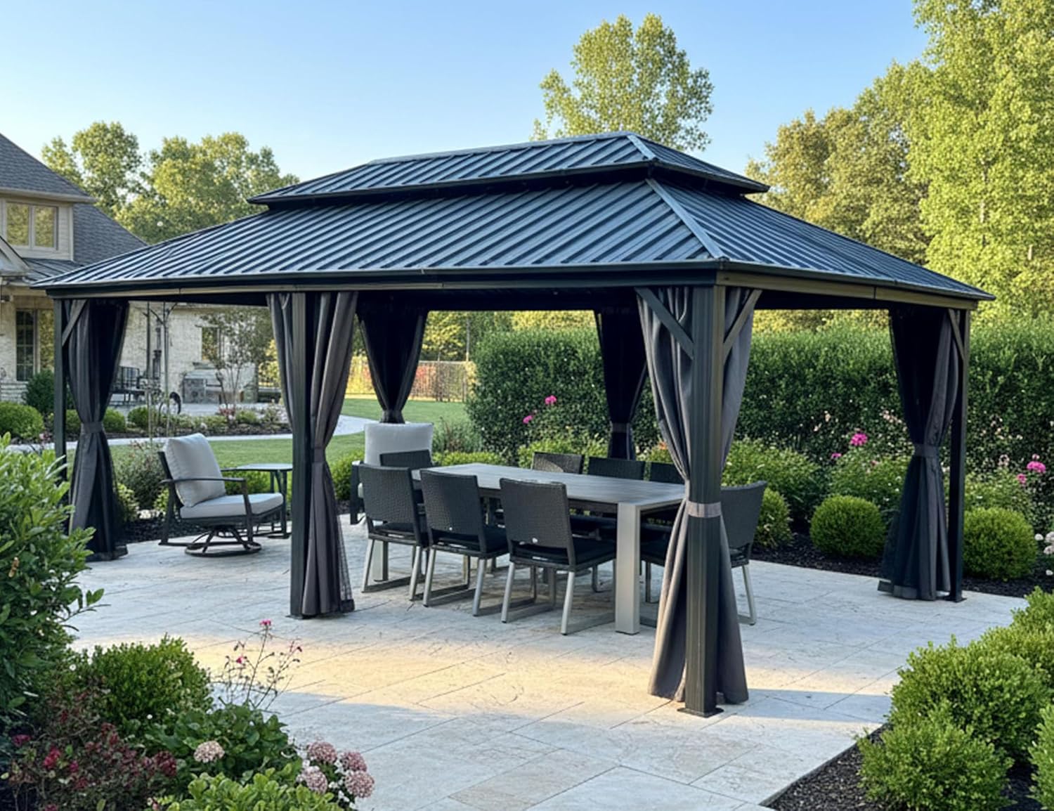 jardinito - Tonnelle double toit rigide, 6 x 3,65 m, moustiquaire, aluminium, gris