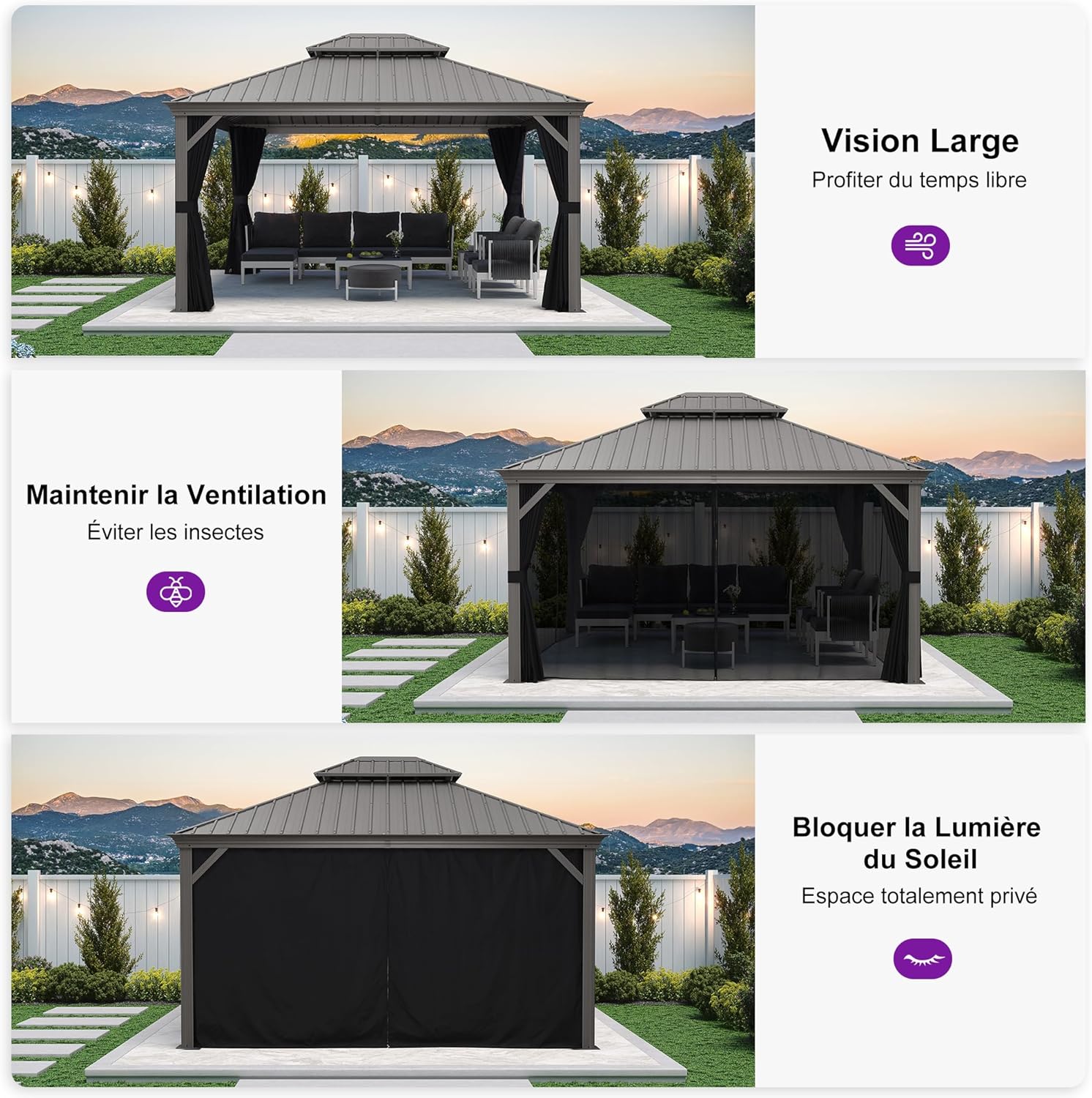 jardinito - tonnelle jardin double toit - 3,65x4,25m - aluminium, moustiquaire, rideaux
