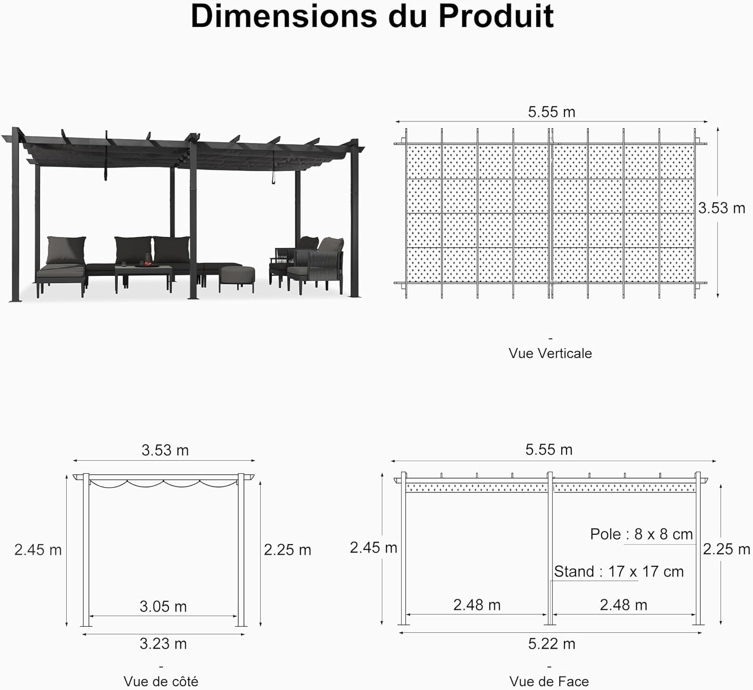 jardinito - Pergola Aluminium 5.5 x 3.5 m - Éclairage LED intégré, toit rétractable, tissu teinté, structure résistant
