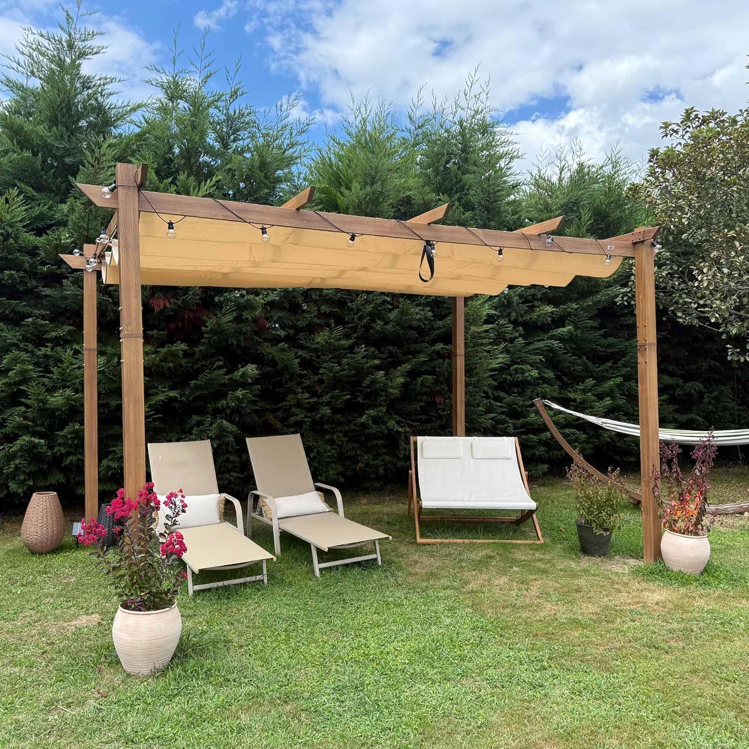 jardinito - Pergola aluminium 4x3m, toit rétractable, éclairage intégré, finition teck, kaki