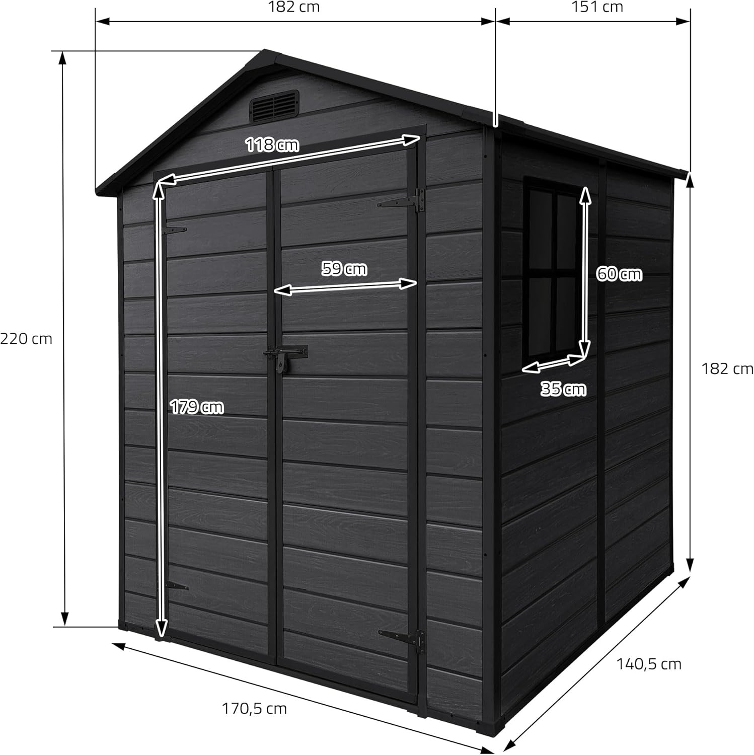 jardinito - Abri de jardin résine 151x182x220 cm double porte, 5m³, fenêtre, ventilation