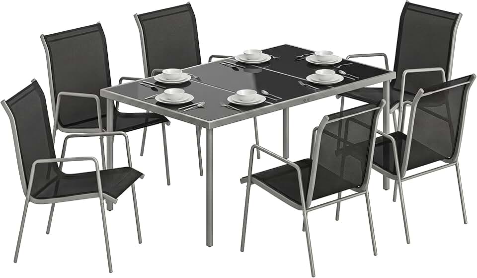 jardinito - salon jardin 6 personnes - table verre, chaises empilables, textilène, argent