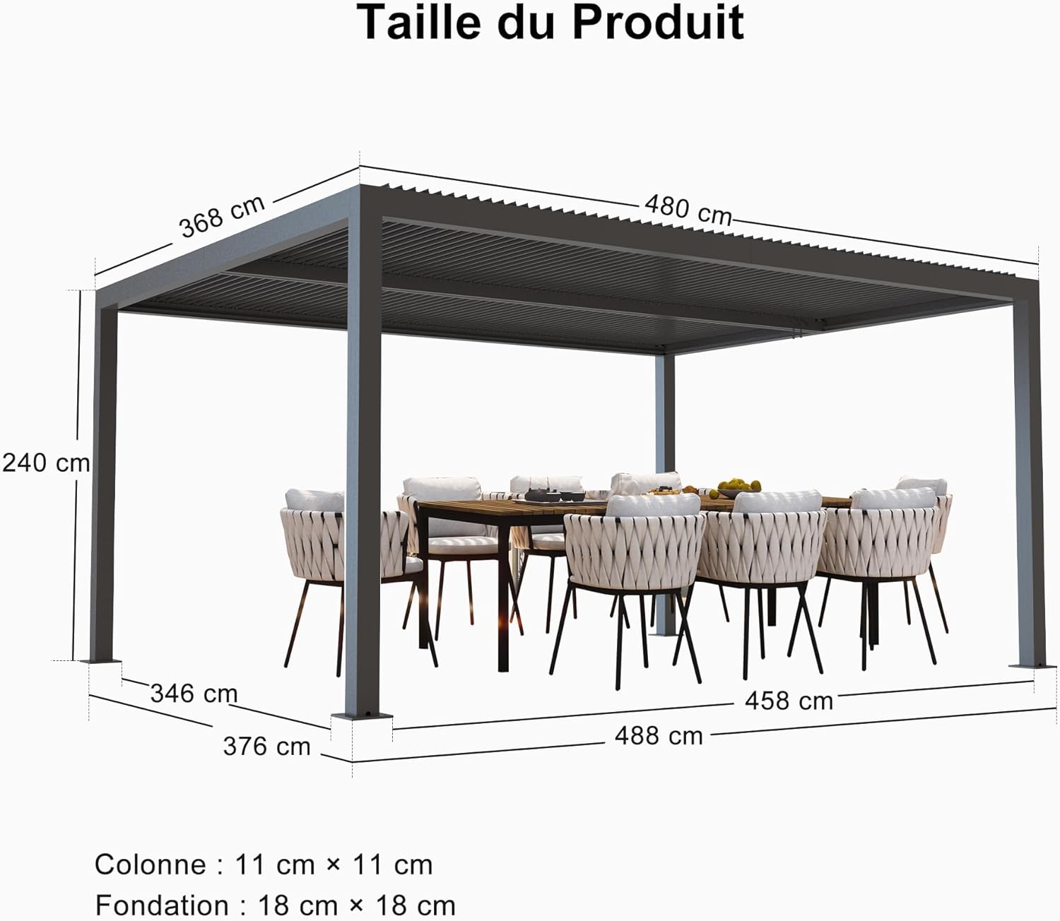 jardinito - Pergola bioclimatique série aluminium - 4,8x3,68m - lames orientables, persiennes fixes, gris