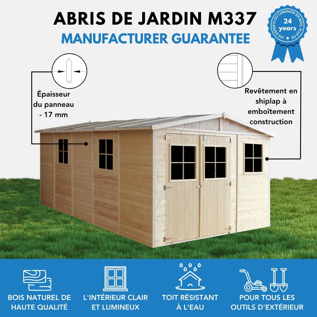 ABRI de Jardin en Bois Exterieur avec Les PLANCHERS IMPRÉGNÉ - Chalet en Pin/épicéa- H226x324x516 cm/15 m²- Construction de Panneaux- Rangement pour vélos, Remise à Outils- jardinito M337+M337G