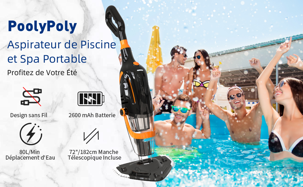 Le texte indique « jardinito Aspirateur de piscine et spa portable » montrant un aspirateur de piscine avec des spécifications, notamment une batterie de 2 000 mAh et des démonstrations d'utilisation dans les paramètres de la piscine.