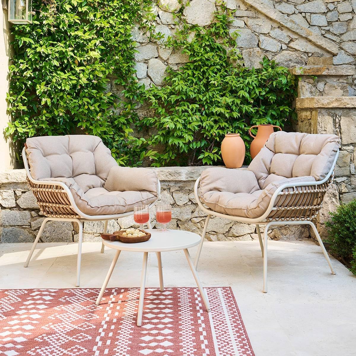 jardinito - Paopao Duo - Compact, résine tressée, coussins - Argile, acier anti-corrosion