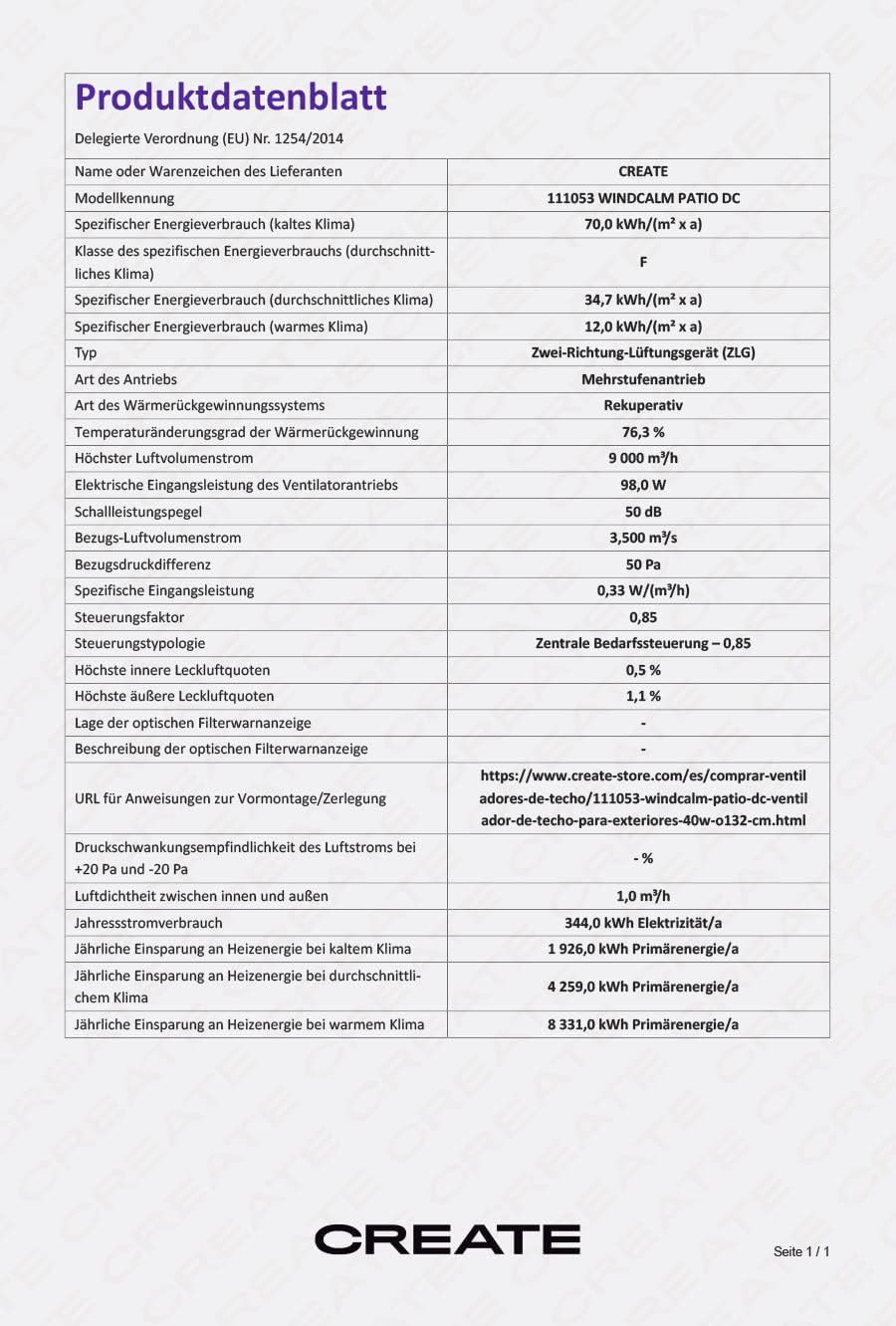 CREATE / WINDCALM M/Ventilateur de plafond ABS avec lumière et télécommande blanc / 40W, Silencieux, Ø132 cm, 6 vitesses, minuterie, été-hiver, double hauteur