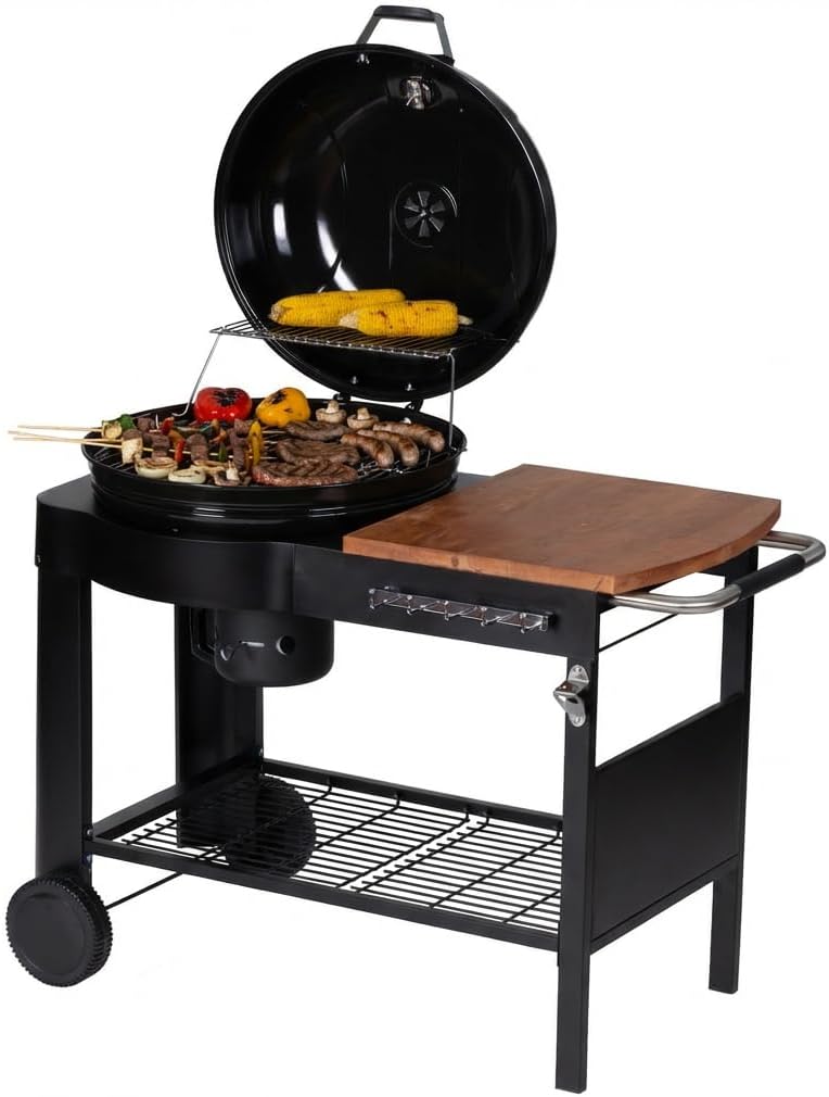 jardinito - Barbecue Calgary - acier/bois - couvercle thermomètre, tablettes, 2 roues, noir