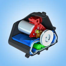 Organiseur compact avec plusieurs compartiments contenant divers accessoires de jeu, notamment des manettes, des câbles et d'autres appareils électroniques sur fond bleu.