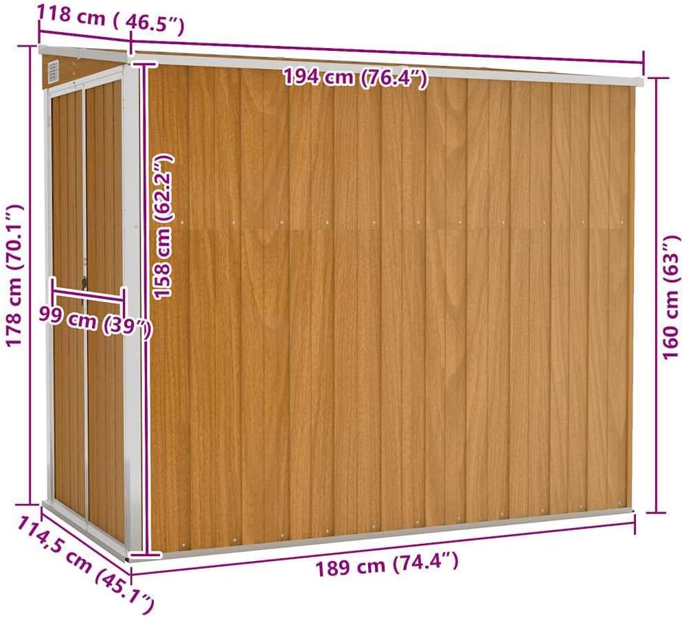 jardinito Abri de Jardin Mural Marron 118x194x178 cm Acier galvanisé,Structures extérieures, Cabanes & abris de Jardin,316224