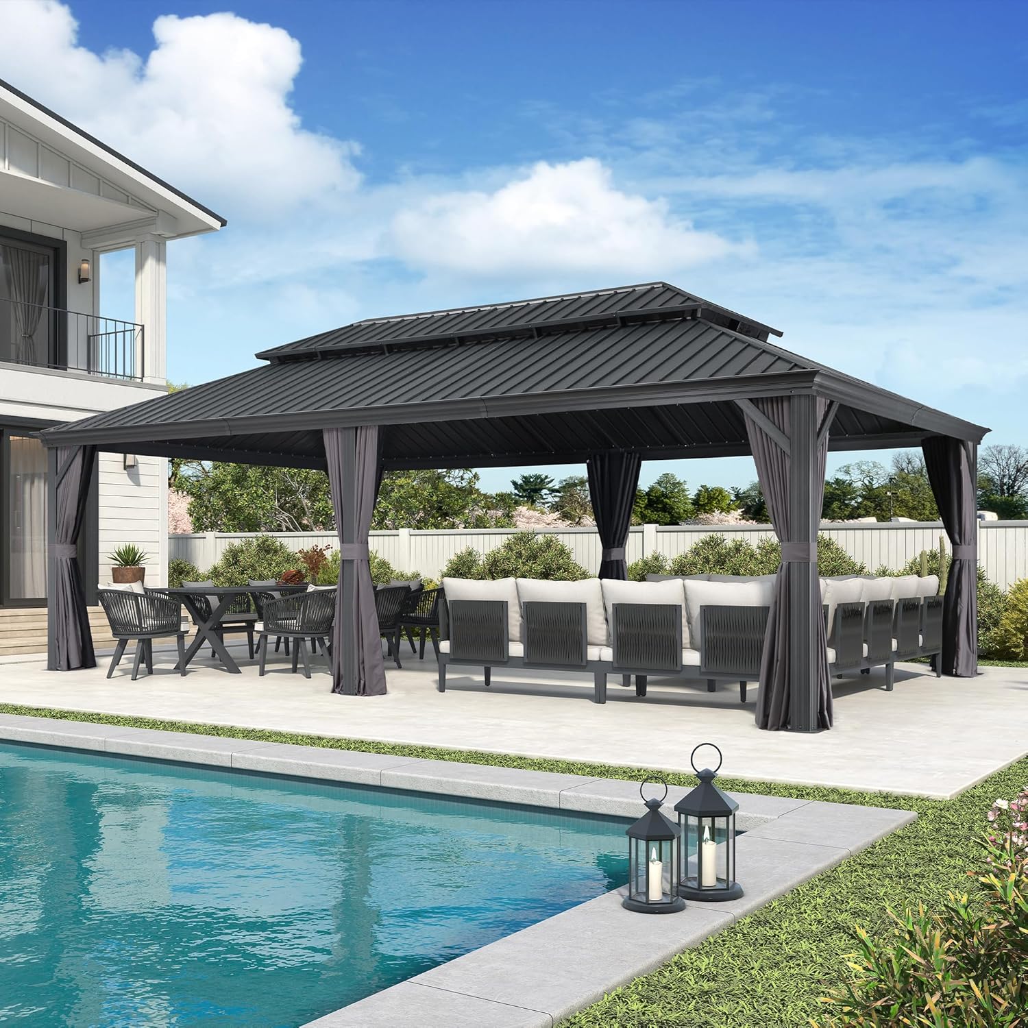 jardinito - Tonnelle Jardin 7,32x4,25m - acier, rideaux, moustiquaire