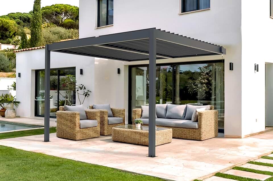 jardinito - Piana série - 3x3m adossée bioclimatique alu gris - persienne brise-vue