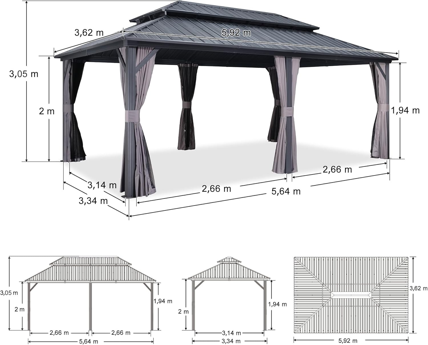 jardinito - Tonnelle double toit rigide, 6 x 3,65 m, moustiquaire, aluminium, gris