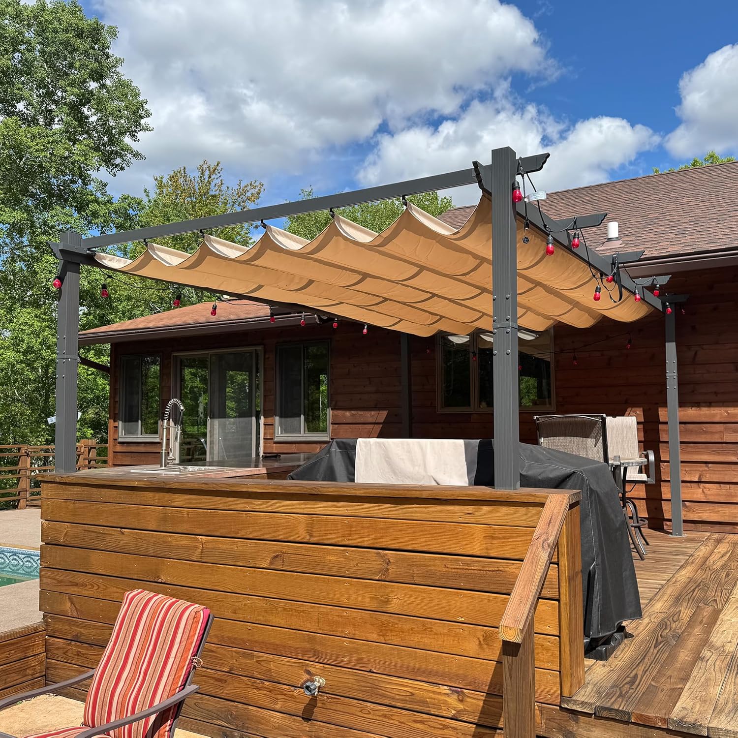 jardinito - Pergola aluminium série - 4,8x3,5m - toit coulissant, tissu teint fil, kaki