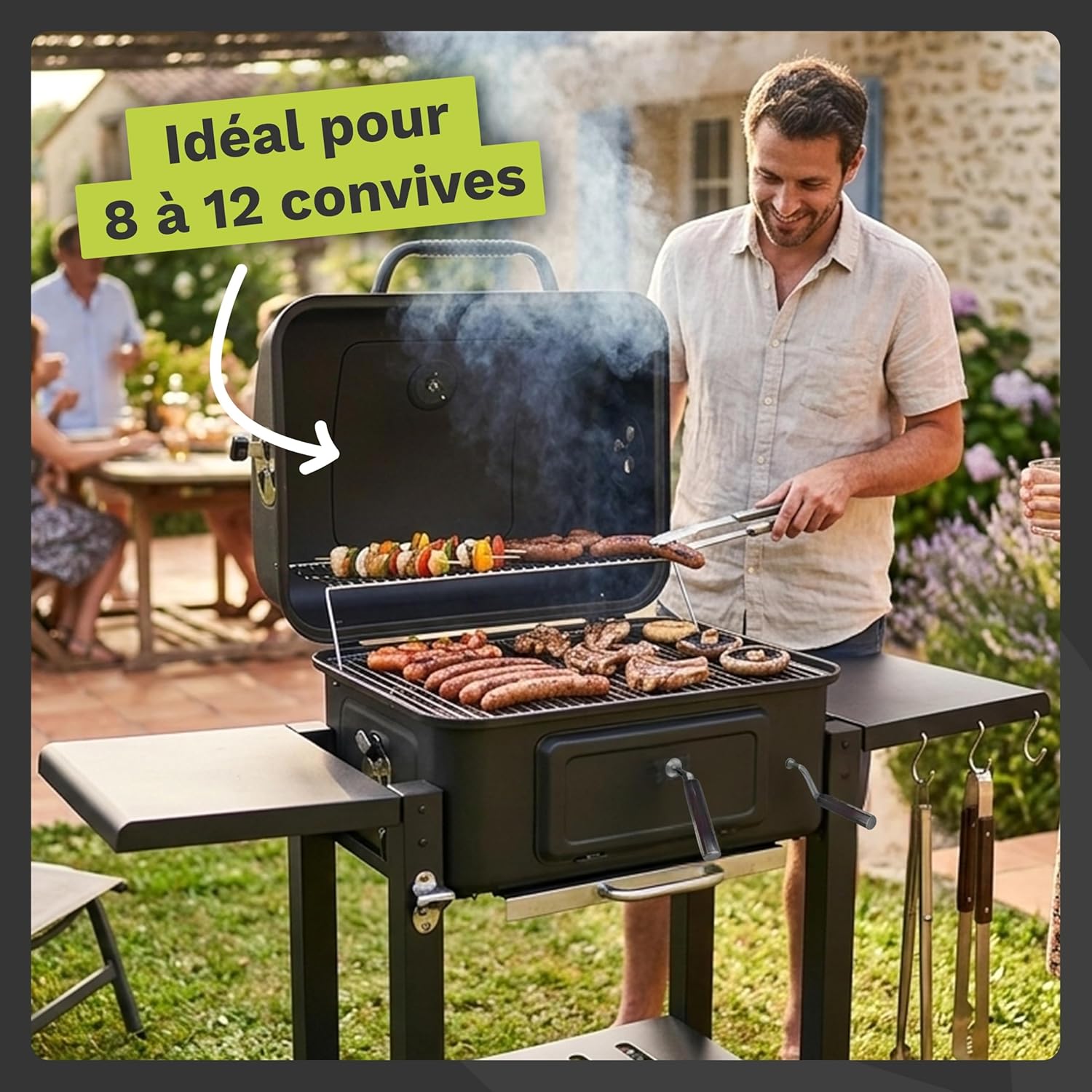 Barbecue charbon avec couvercle - grille XL 54x43cm - tablettes pliantes - récupérateur cendres