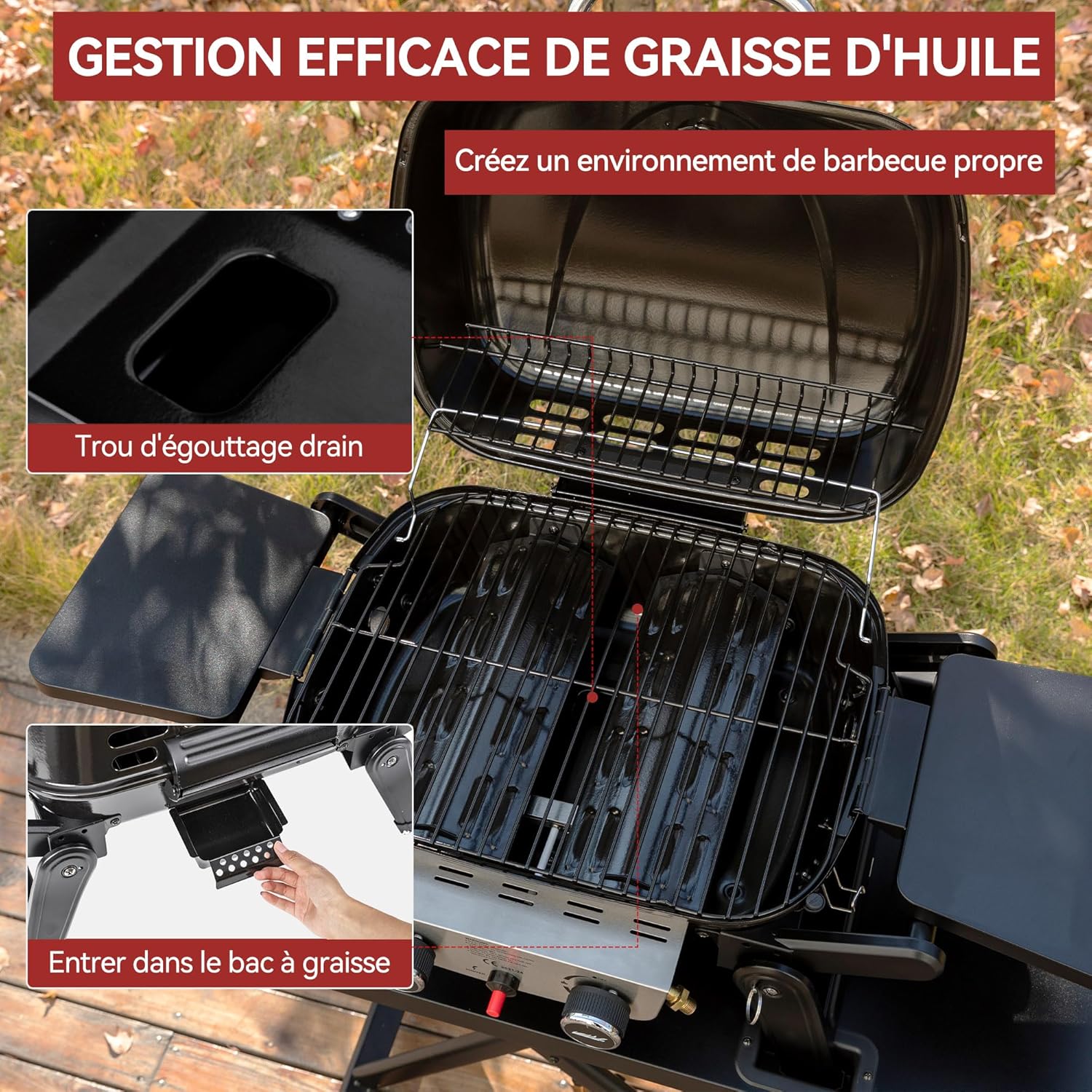 jardinito - Barbecue Gaz 2 brûleurs - 48x37 cm - tables pliables, 5kW