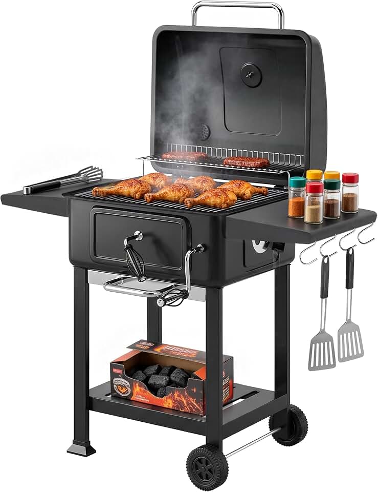 jardinito - barbecue charbon réglable - grand format - chariot, tablettes, cheminée, roues, thermomètre