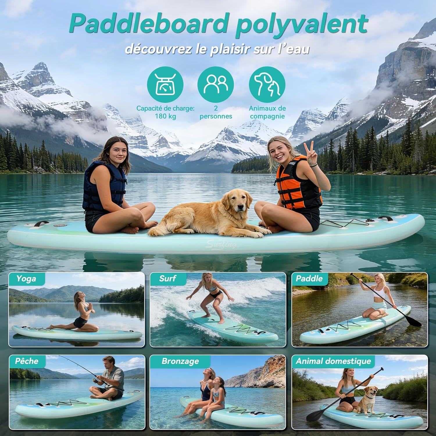 jardinito - paddle gonflable adulte - 320/335cm - 2 places, siège kayak, pagaie alu, support caméra, pompe, 150 kg