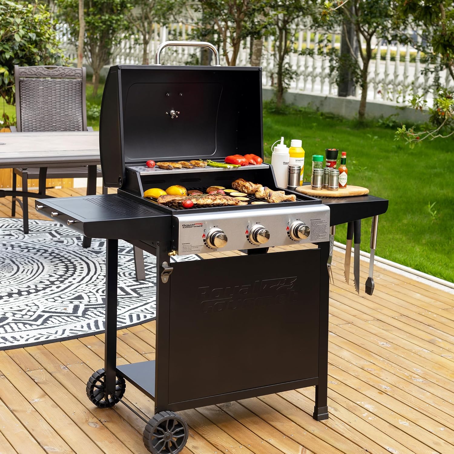 jardinito – BBQ Gaz 3 brûleurs – 9kW – chariot, capot, grilles, jardin