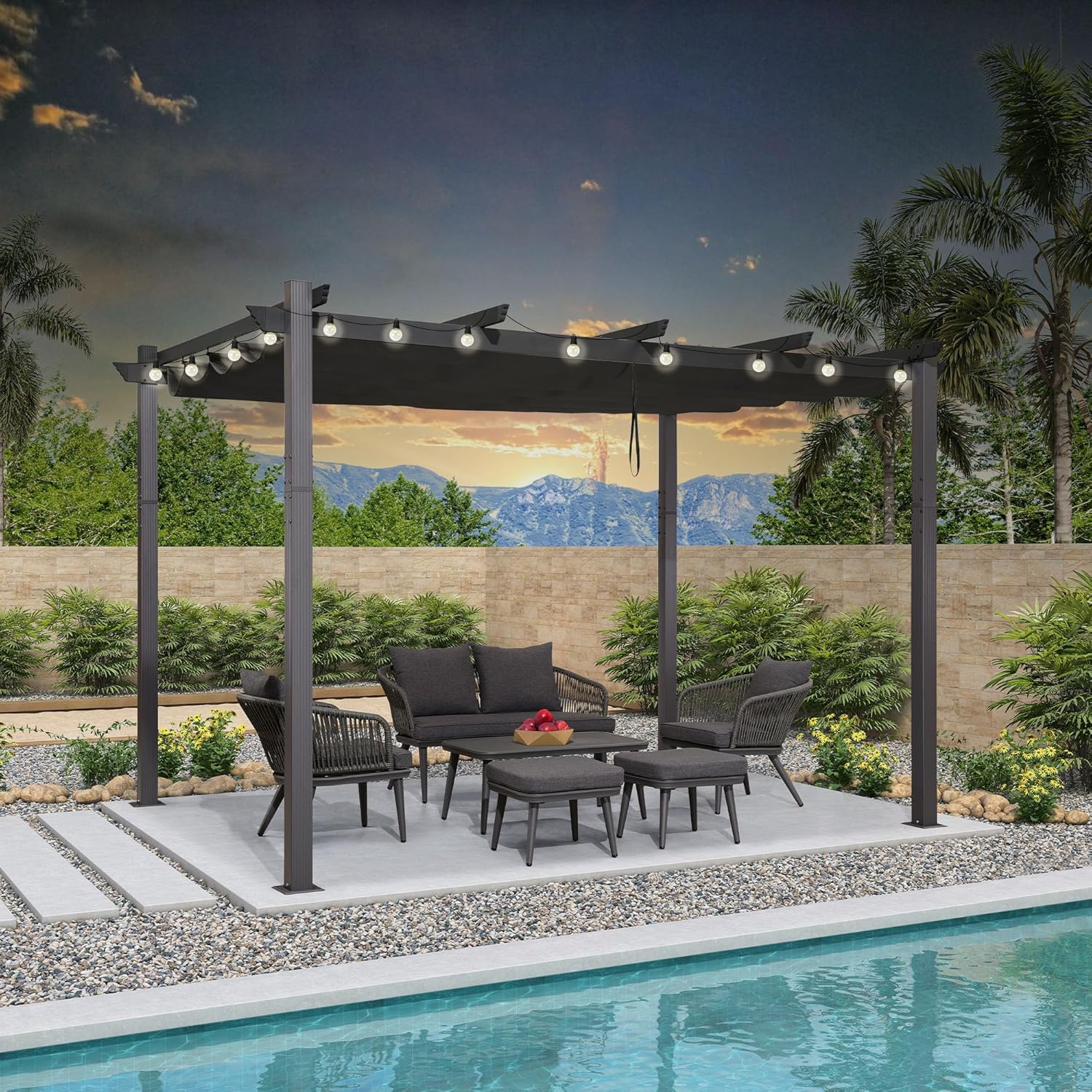 jardinito - pergola aluminium - 3,65x3m - toit rétractable LED, tissu gris