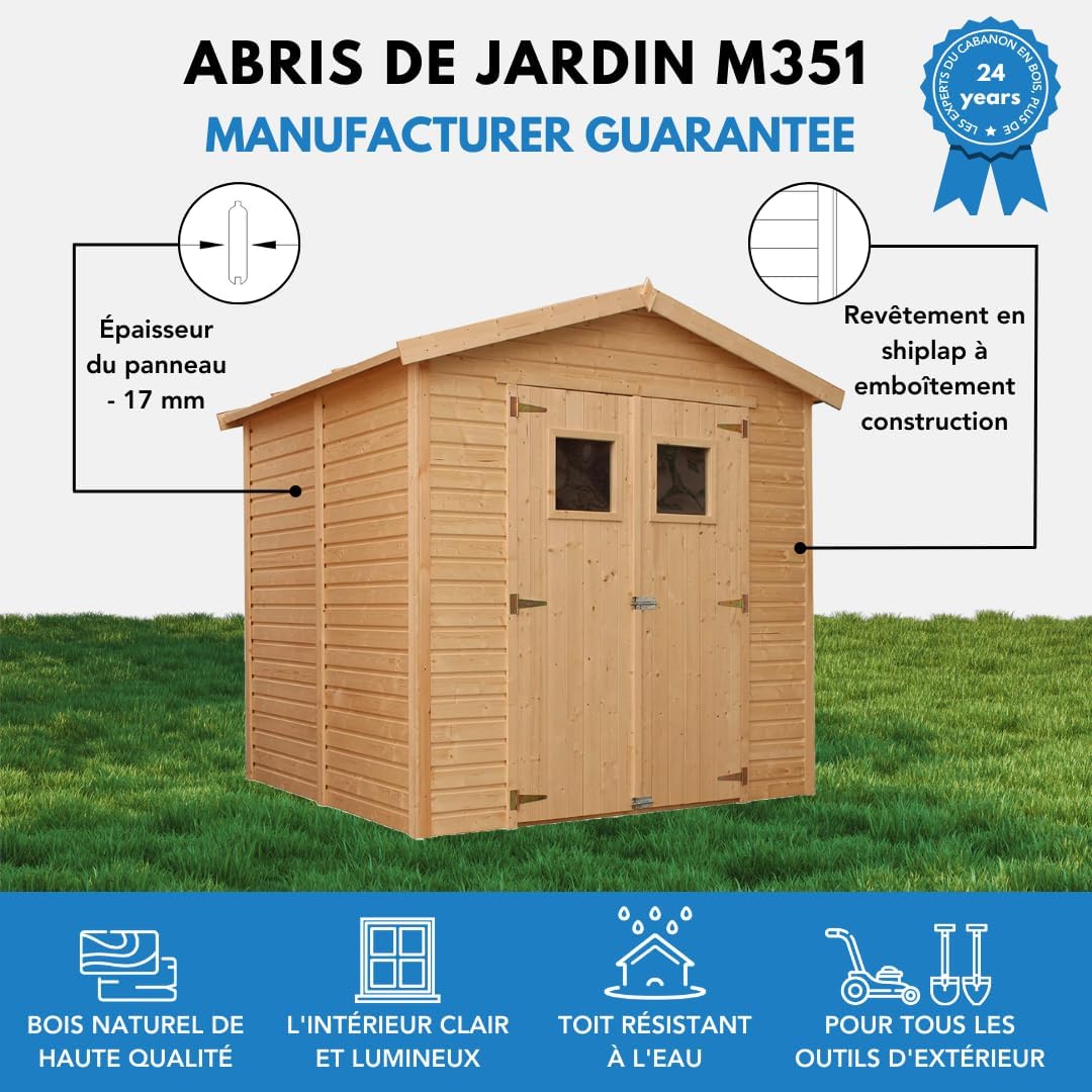Abri de Jardin en Bois Naturel - Stockage extérieur avec fenêtres H228x222x233 cm/4,2 m² Hangar en Bois Naturel - Atelier Rangement Outils et vélos- jardinito M351