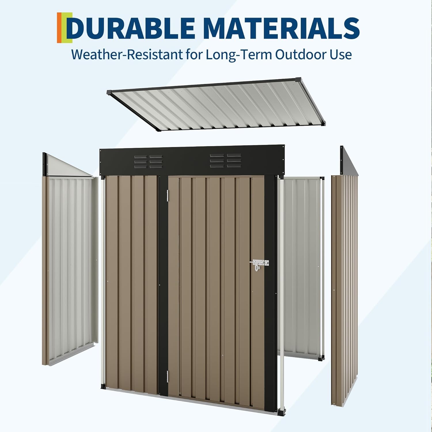 Abri de jardin en métal - 152,4 x 91,44 cm - Avec toit incliné et portail verrouillable - Abri de jardin compact en métal - Pour jardin, cour, terrasse (marron)