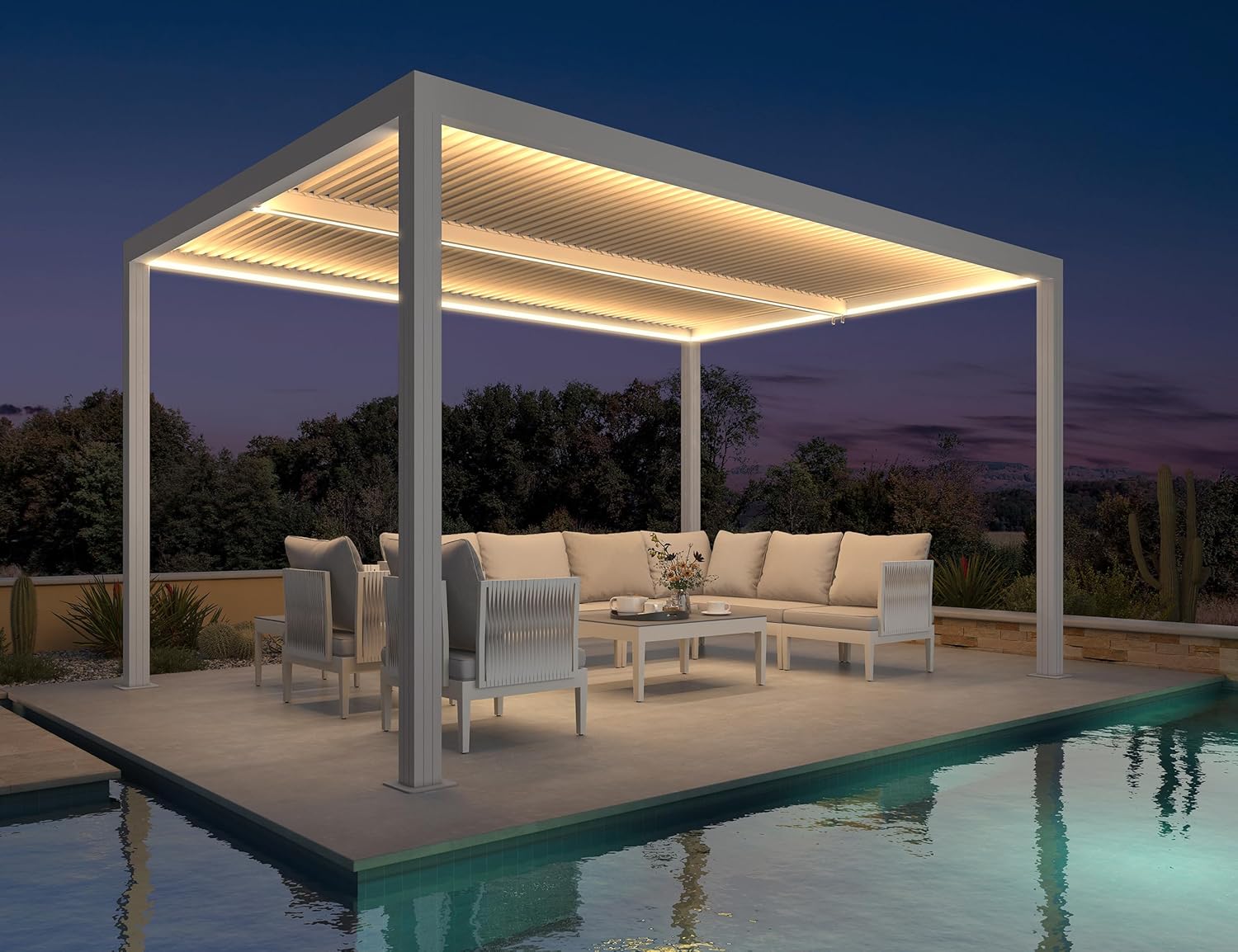 jardinito - Pergola bioclimatique 4,24x3m - alu, LED, gouttières, blanc