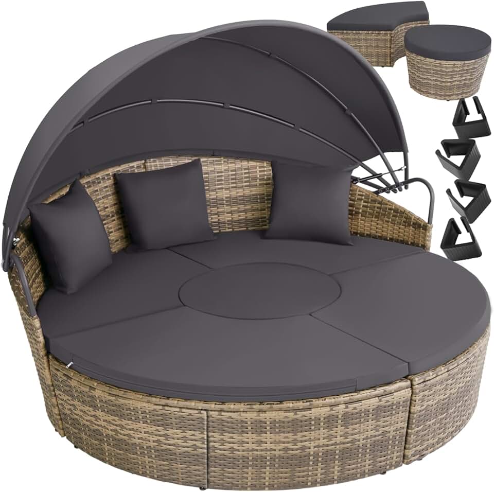 jardinito - Bain de soleil modulable avec pare-soleil, coussins inclus, résine tressée, relax extérieur