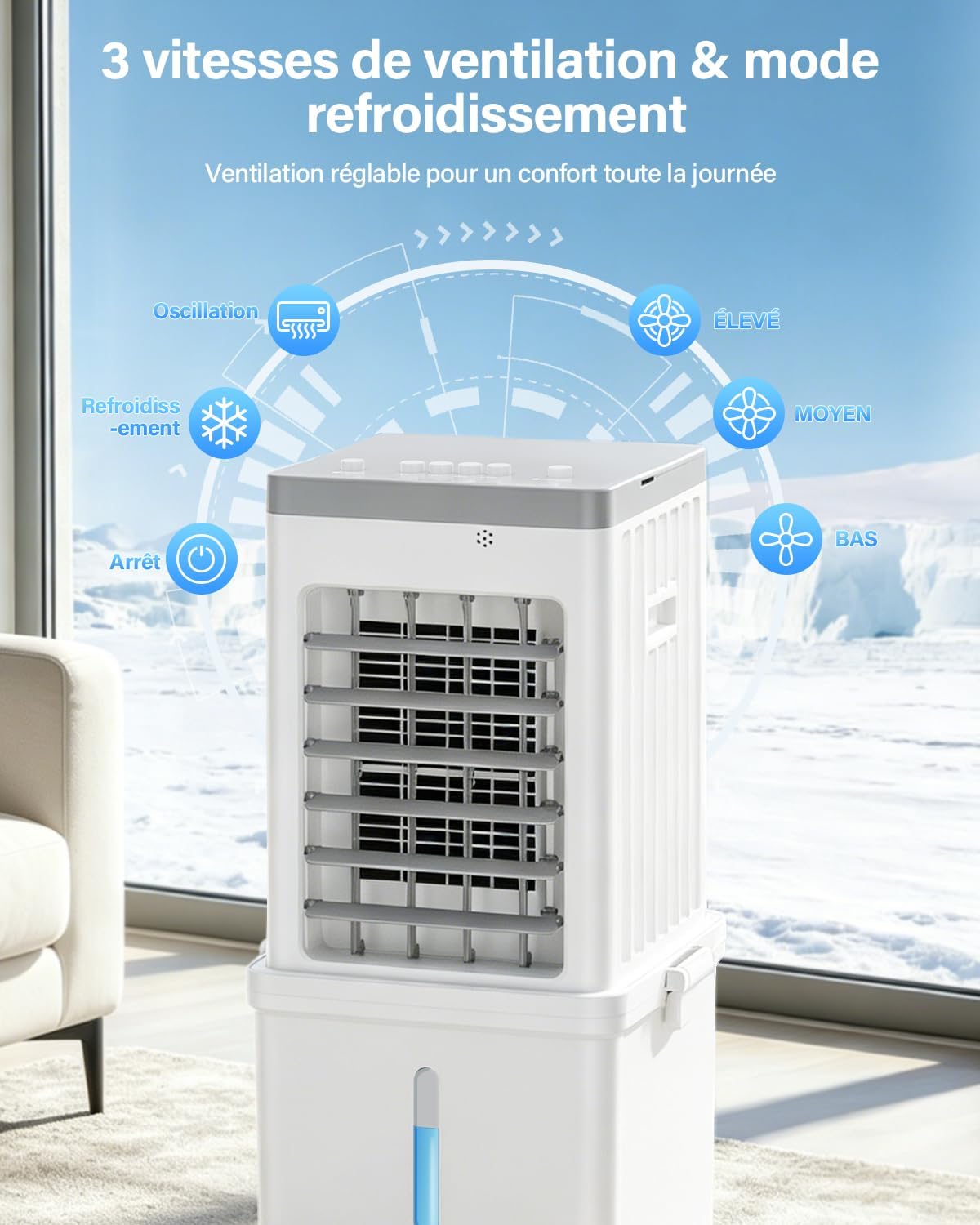 Climatiseur mobile - 12L, 3 vitesses, 120° oscillation, 35dB, roulettes
